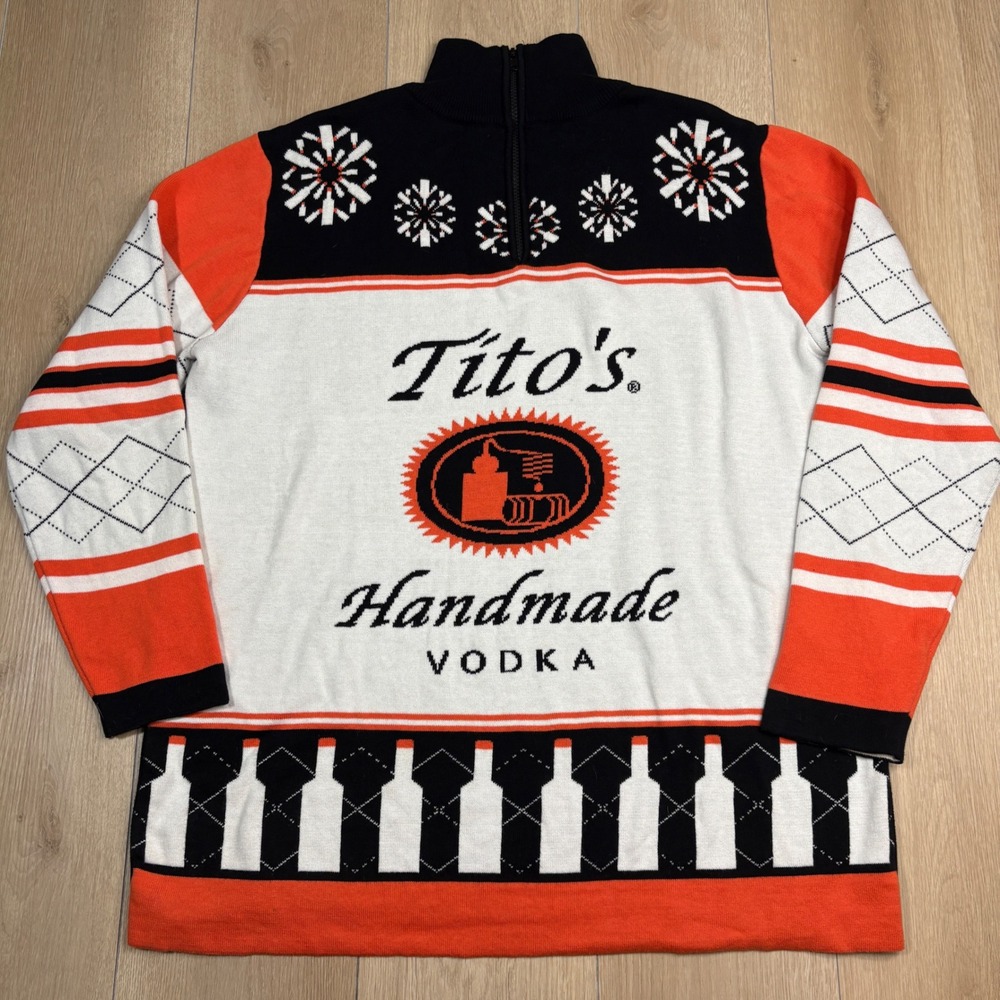 Titos Handmade Vodka Holiday Christmas Sweater Large Orange Black Quarter Zip